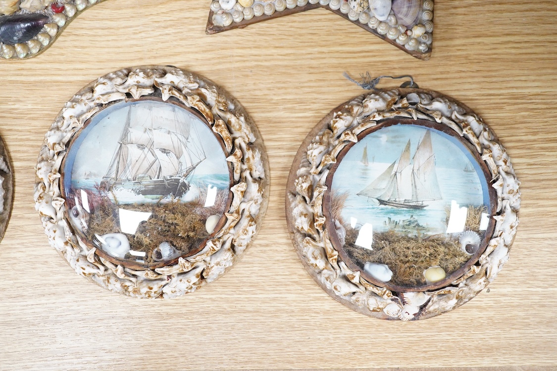 A collection of seven shellwork frames with convex glass, housing maritime interest prints with seaweed and shell decoration, largest 23cm in diameter